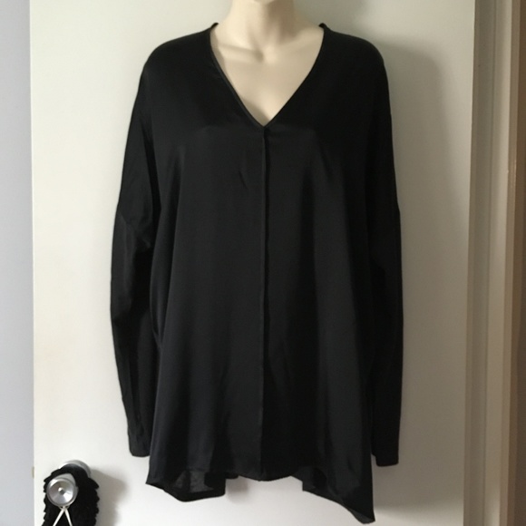 VINCE Black Silk + Lightweight Knit Contrast Panel V Neck Tunic L - Picture 1 of 6